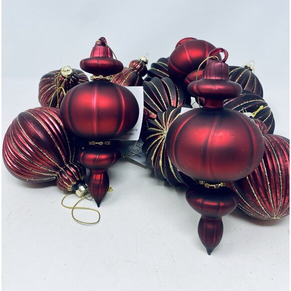 Lot Of 13 Burgundy Red & Gold Glitter Finial And Round Christmas Tree Ornaments - Picture 6 of 16